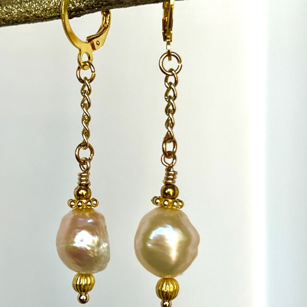 Genuine 13 mm Baroque Pearl Dangling Earrings with 14k Plated Lever Back Clasp