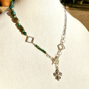 Blue-Green Jasper Necklace: Silver Fleur de Lys Crystal Pendant