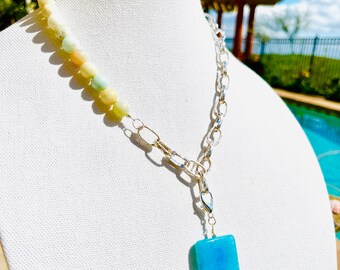 Collar de cuentas de ágata: cadena de plata, colgante de jaspe turquesa