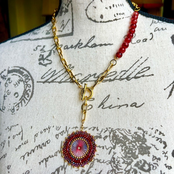 Red Garnet on Matte Gold Chain and Crimson Rosette Pendant Necklace