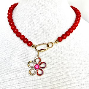 Coral Bead Necklace: Red-Orange Gemstone, Cubic Zirconia Floral Pendant