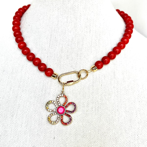 Coral Red Orange Carnelian Bead Necklace with Gold Tone Carabiner Clasp and Multi Colored Cubic Zirconia Floral Pendant