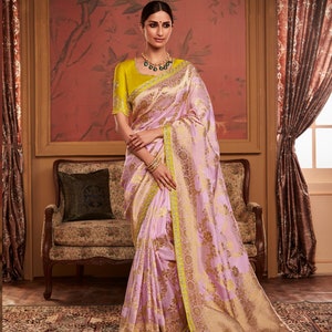 Pure Brasso with organza silk saree with Contrast blouse,Indian saree,party wear,wedding saree,designer saree