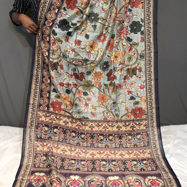 Saree en pur coton et soie avec motif kalamkari et bordure tissée Zari argent riche, sari indien, tenues de fête, robe pour femme, vêtements de mariage