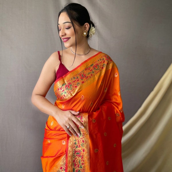 Reiner Paithani-Seidensari, elegante Zari n Pallu Kanchi-Bordüre, indischer Saree, Damenkleid, Hochzeitskleidung, Hochzeitssari