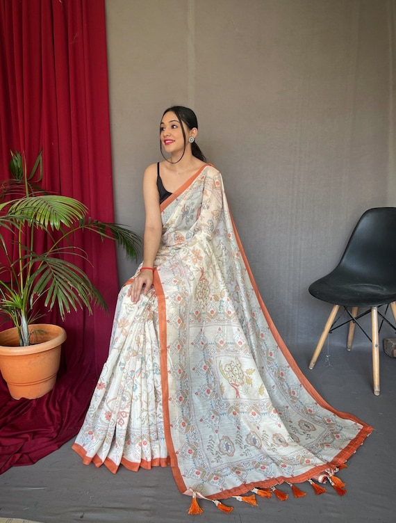 Pure Cotton Linen Silk Saree With All Over Weaved Zari Desin party