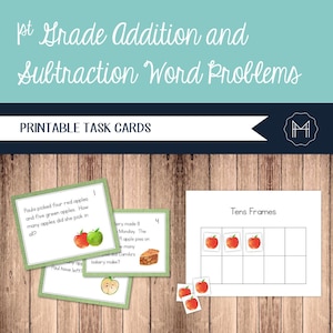 May include: Printable task cards for first grade math featuring addition and subtraction word problems with an apple theme. The cards include illustrations of apples, apple pies, and a tens frame.