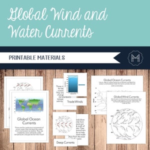 Tarjetas, carteles y páginas para colorear de 3 partes sobre corrientes globales de viento y agua