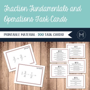 Tarjetas de tareas de operaciones y fundamentos de fracciones estilo Montessori - ¡200 TARJETAS!
