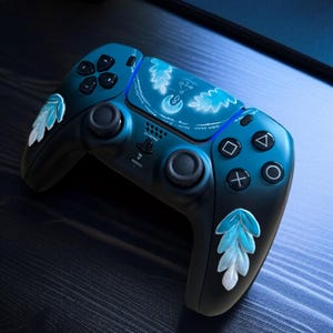 以下が含まれることがあります： カスタムデザインのティールと黒のPlayStation 5コントローラー。 コントローラーは、側面に葉のデザインと上部に光るパターンが特徴です。 ボタンは黒で、コントローラーは洗練されたモダンなデザインです。 ゲームアクセサリー。