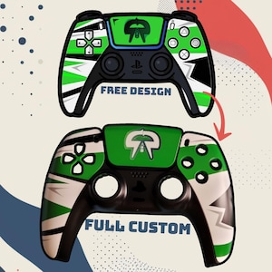 May include: Two custom game controllers with a green, black, and white design. The top controller has the text "FREE DESIGN" and the bottom controller has the text "FULL CUSTOM". Both controllers have a green logo on the top.