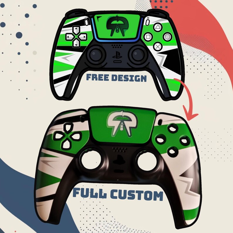 May include: Two custom game controllers with a green, black, and white design. The top controller has the text "FREE DESIGN" and the bottom controller has the text "FULL CUSTOM". Both controllers have a green logo on the top.