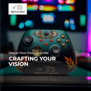 May include: A custom Xbox controller in teal and black, featuring gold accents and a unique design. The controller rests on a black stand with the Beetle Dash logo. Text on the image reads "Design Your Own Controller" and "Crafting Your Vision."