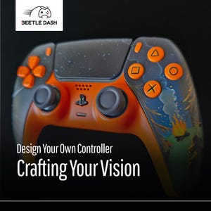 Puede incluir: Un mando de videojuegos naranja y negro personalizado con un diseño de escena de bosque. El mando tiene botones y joysticks naranjas, con el texto "Design Your Own Controller Crafting Your Vision". El logotipo de Beetle Dash está en la esquina superior izquierda.