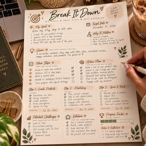 Pode incluir: Uma folha de planeamento de objetivos impressa intitulada Break It Down com secções para My Goal, Target Date, Why It Matters, Vision, Action Plan, Main Steps, Potential Challenges, Solutions e Progress Tracker, preenchida com texto manuscrito.