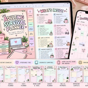 May include: A digital planner titled Adulting Survival Planner displayed on a tablet and smartphone screen, featuring pastel-colored pages with sections for planning, finances, health, and home, alongside a row of thumbnail previews of various planner layouts.