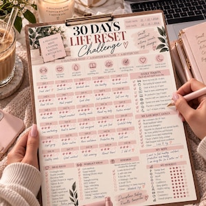 May include: A 30 Days Life Reset Challenge planner sheet on a clipboard with a pink color scheme. The document includes daily habit trackers, goal setting sections, meal and workout ideas, and a progress tracker with star icons for daily logging.