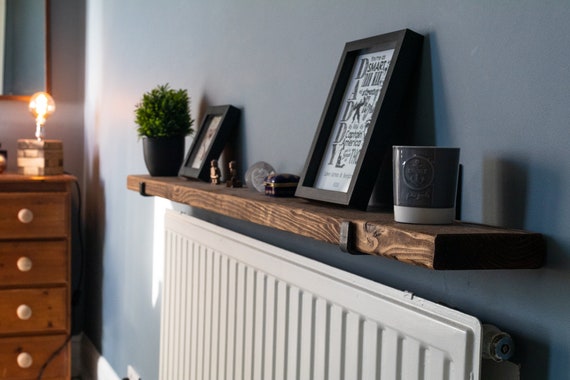 Rustic Reclaimed Wood Radiator Shelf: Narrow Bathroom Shelf with Brackets