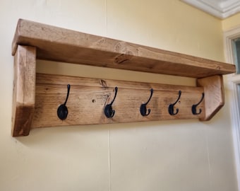 Rustic Coat Rack with Shelf: Reclaimed Wood & Black Hooks, Handmade in Cornwall