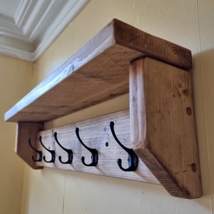 Rustic Coat Rack with Shelf: Reclaimed Wood & Black Hooks, Handmade in Cornwall