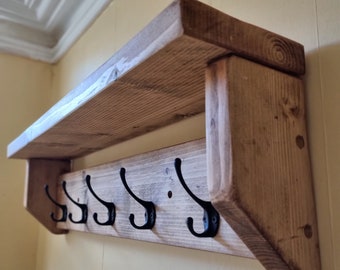 Rustic Coat Rack with Shelf | Coat Hooks | Coat Hanger | Coat Rail | Rustic Style | Reclaimed Scaffold | Black Coat Hooks | Made in Cornwall