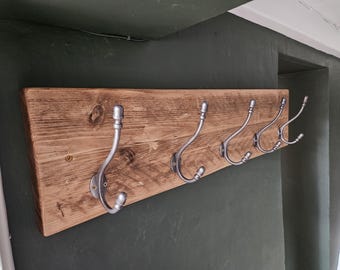 Rustic Wooden Coat Rack: Handmade Oak with Cast Iron Hooks