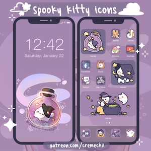 Jeu d&#39;icônes de chaton fantasmagorique | Thème esthétique Halloween Kawaii pour tablette et ordinateur de bureau Android IOS