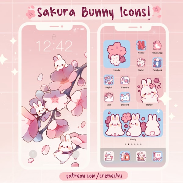 Ensemble d'icônes d'application Sakura Bunny | Kawaii Aesthetic pour tablette et ordinateur de bureau Android IOS