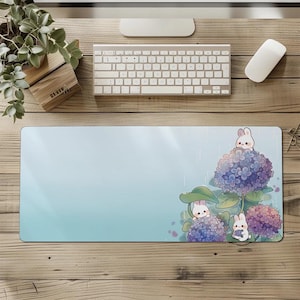 Conejitos de hortensias • Alfombrillas de escritorio • 36" x 18" (90 cm x 45 cm)