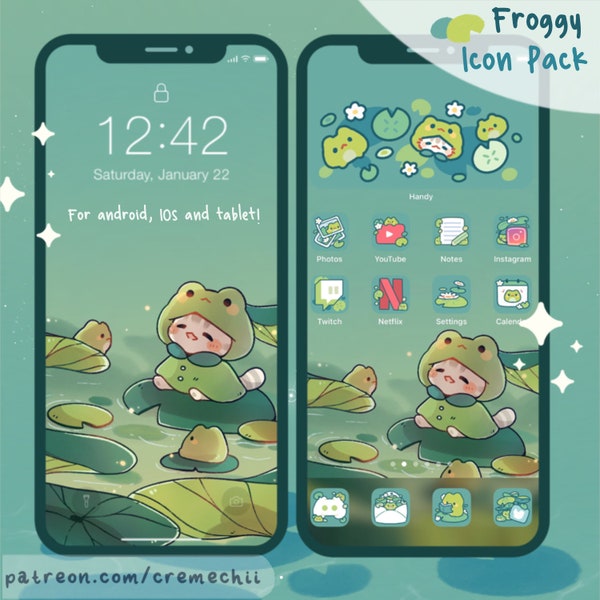 Süßes Froggy App Icon Set | Kawaii Ästhetisches Theme für Android iOS Tablet & Desktop