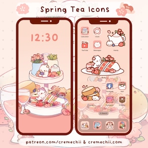 May include: A pink and white iPhone mockup with a digital clock displaying 12:30. The home screen features custom app icons with a spring tea theme. The icons feature cute cartoon cats, teacups, cakes, and flowers. The text "patreon.com/cremechii & cremechii.com" is at the bottom of the screen.