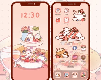 Puede incluir: Una maqueta de iPhone rosa y blanco con un reloj digital que muestra las 12:30. La pantalla de inicio presenta iconos de aplicaciones personalizados con un tema de té de primavera. Los iconos representan gatos de dibujos animados lindos, tazas de té, pasteles y flores. El texto "patreon.com/cremechii & cremechii.com" está en la parte inferior de la pantalla.