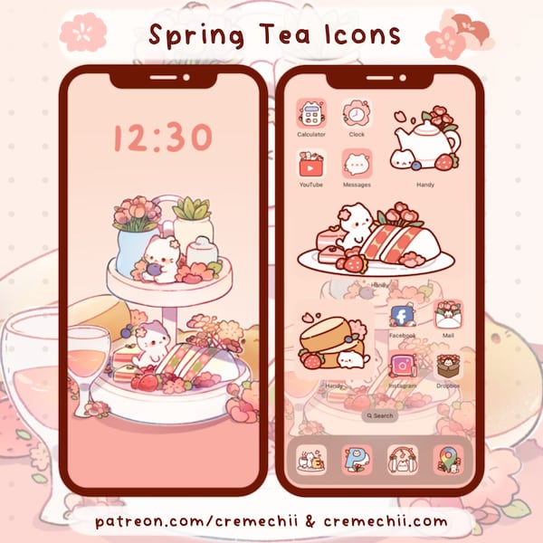 Frühlingstee App Icon Set | Kawaii Ästhetisches Theme für Android iOS Tablet & Desktop