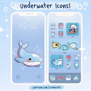 Puede incluir: Una pantalla de teléfono azul con una ilustración de ballena y un reloj que marca las 12:42. La pantalla del teléfono de la derecha muestra una cuadrícula de iconos de aplicaciones con ilustraciones de temática submarina. Los iconos incluyen un panda, un pez, un tiburón, un corazón, un gato y un sobre de mensaje.