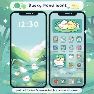 May include: A phone screen with a green and blue background featuring a pond with lily pads and ducks. The phone screen shows a clock with the time 12:30 and a grid of app icons with duck illustrations. The text "Ducky Pond Icons" is at the top of the screen.