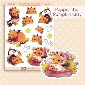 Pepper the Pumpkin Kitty Set • Folha de adesivos de vinil + adesivo recortado • Acabamentos foscos