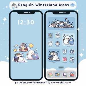 Peut inclure: Un écran de téléphone bleu et blanc avec une horloge affichant 12h30. L'écran est décoré d'icônes de pingouins et d'un bonhomme de neige. Les icônes sont pour des applications comme Google Maps, Mail, Discord, Clock, TikTok, Facebook, Instagram et Camera. Le texte "patreon.com/cremechii & cremechii.com" est en bas de l'écran.