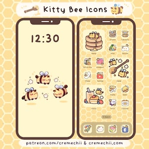 May include: A digital phone screen with a yellow honeycomb background and a clock displaying 12:30. The screen shows a variety of app icons featuring cute cartoon bees and cats. The text "Kitty Bee Icons" is at the top of the screen.