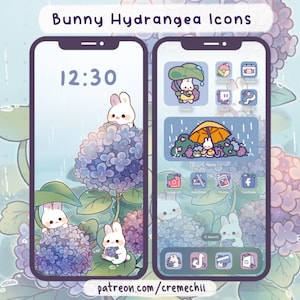 Hydrangea Bunnies App Icon Set | Kawaii Aesthetic Theme  for Android IOS Tablet & Desktop