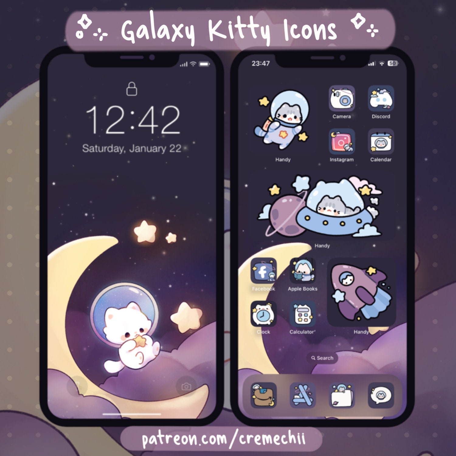 Galaxy Kitty App Icon Set | Kawaii Aesthetic Theme  for Android IOS Tablet & Desktop