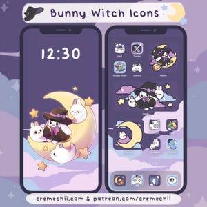 Puede incluir: Una pantalla de teléfono púrpura y blanca con un reloj digital que muestra las 12:30. El fondo presenta una luna creciente con tres conejos blancos, uno de los cuales lleva un sombrero de bruja y sostiene una escoba. La pantalla también muestra una cuadrícula de iconos de aplicaciones con ilustraciones de conejos brujas.