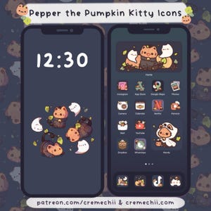 May include: A phone screen with a dark background and a clock displaying 12:30. The screen is decorated with icons of a cat wearing a pumpkin costume. The icons are arranged in a grid pattern and include apps like Instagram, Google Maps, and YouTube. The text "Pepper the Pumpkin Kitty Icons" is at the top of the screen.