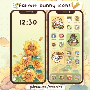 May include: A phone screen with a sunflower and bunny theme. The time is 12:30. The home screen has a variety of app icons with a bunny and sunflower design. The icons include apps like Facebook, Pinterest, Dropbox, TikTok, Mail, Google Maps, WhatsApp, Sell on Etsy, Wallet, PayPal, Camera, Settings, and Q Search.