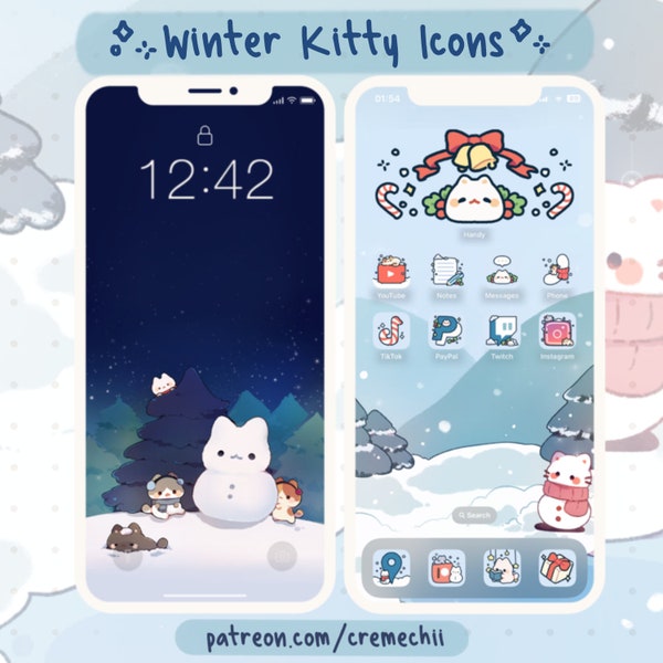 Cute Winter Kitties App Icon Set | Kawaii Aesthetic Theme for Android IOS Tablet & Desktop