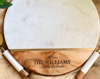 Personalized Round Board with 2pc Cutlery, Engagement Gift Bridal Shower Gift, Engraved Marble Cheese Board, Wedding Shower Gift for Couple