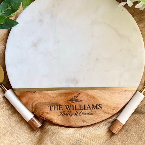 Personalized Round Board with 2pc Cutlery, Engagement Gift Bridal Shower Gift, Engraved Marble Cheese Board, Wedding Shower Gift for Couple