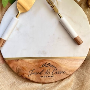 Personalized Round Board with 2pc Cutlery, Engagement Gift Bridal Shower Gift, Engraved Marble Cheese Board, Wedding Shower Gift for Couple