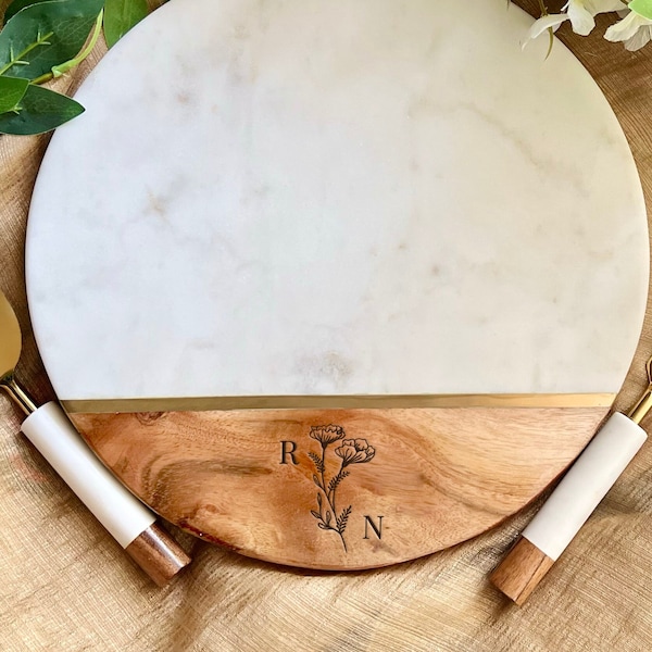 Personalized Round Charcuterie Board, Bridal Shower Gift, Wedding Engagement Gift for Newly Engaged Couple, Custom Cheese Board with Cutlery