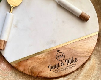 Personalized Round Charcuterie Board with 2pc Cutlery, Wedding, Newlywed, Couples, Anniversary, Engagement Gift, Hostess Gift for Couple