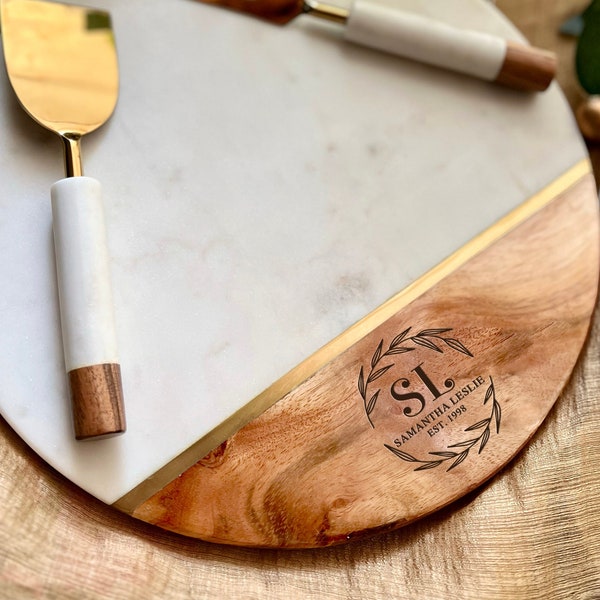 Personalized Round Board with 2pc Cutlery, Bridal Shower Gift, Engraved Marble Cheese Board, Wedding Shower Gift, Couple Engagement Gifts